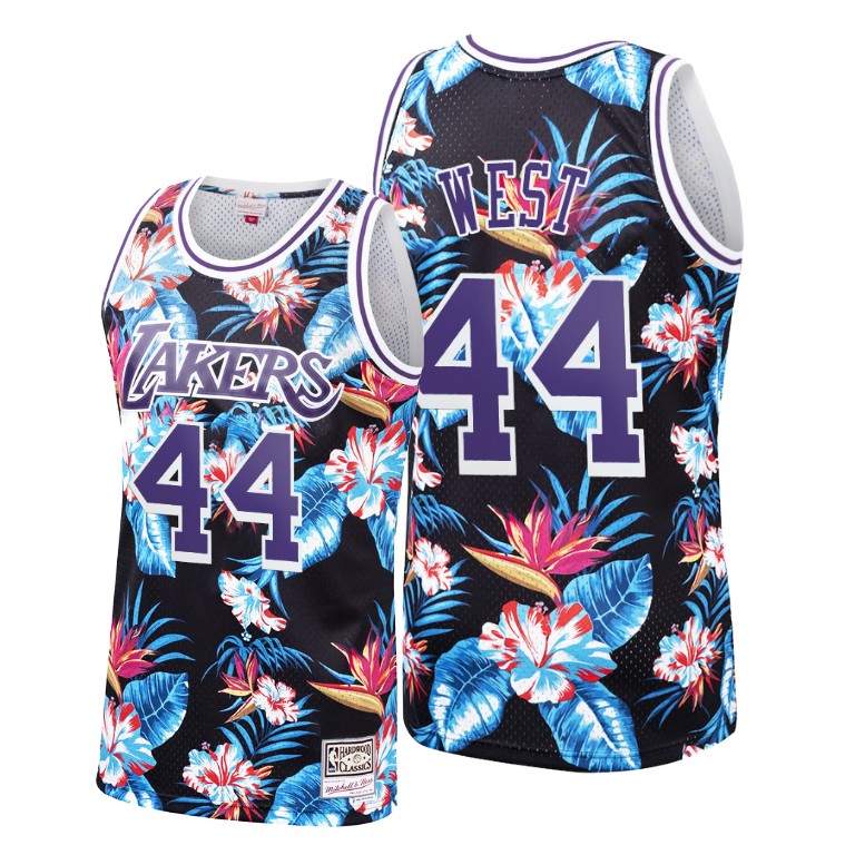 Men's Los Angeles Lakers Jerry West #44 NBA Hardwood Classics Floral Fashion Black Basketball Jersey FCU2683LI